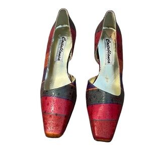 Vintage Costa blanca silk multi color strip dot heels Sz 8.5,‎ Made in Spain